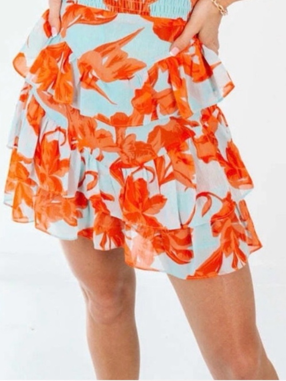 OLIVACEOUS Layered Orange & light teal Floral Ruffle Mini Skirt - Women's